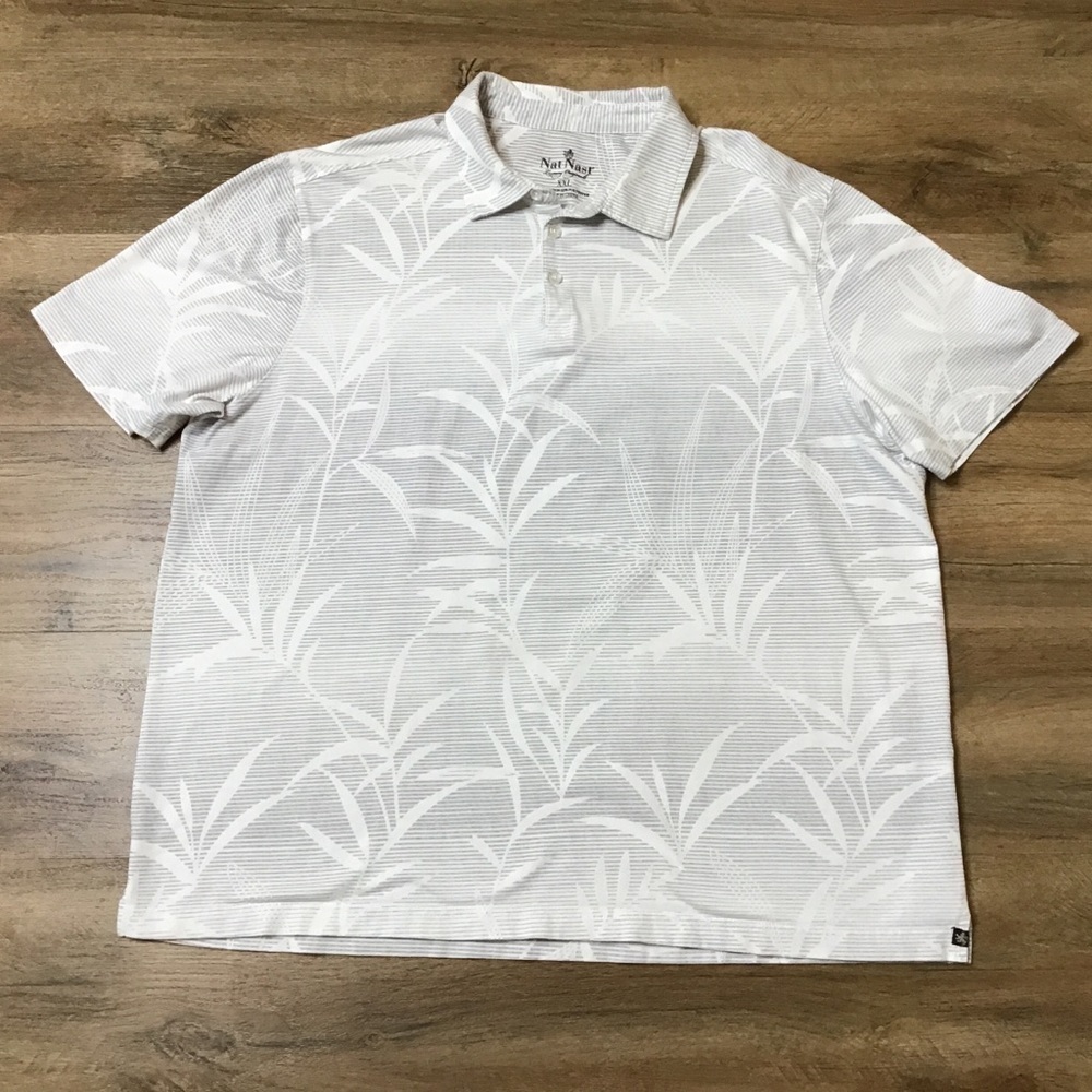 NAT Nast Shirt Size XXL Polo Style Striped Tropical Leaf Gray White